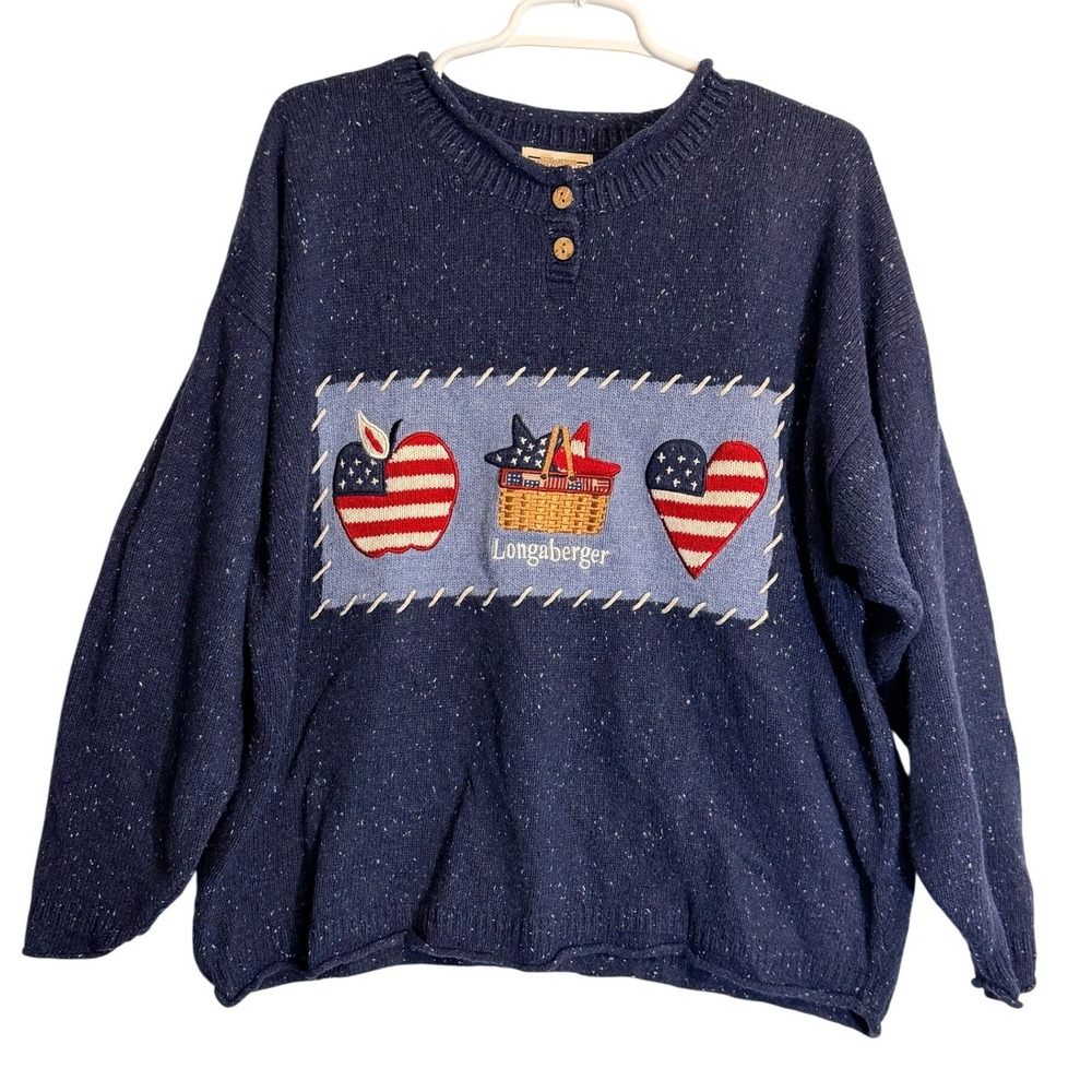 Longaberger Homestead Americana Sweater Blue Speckled Wool Blend Henley Womens L